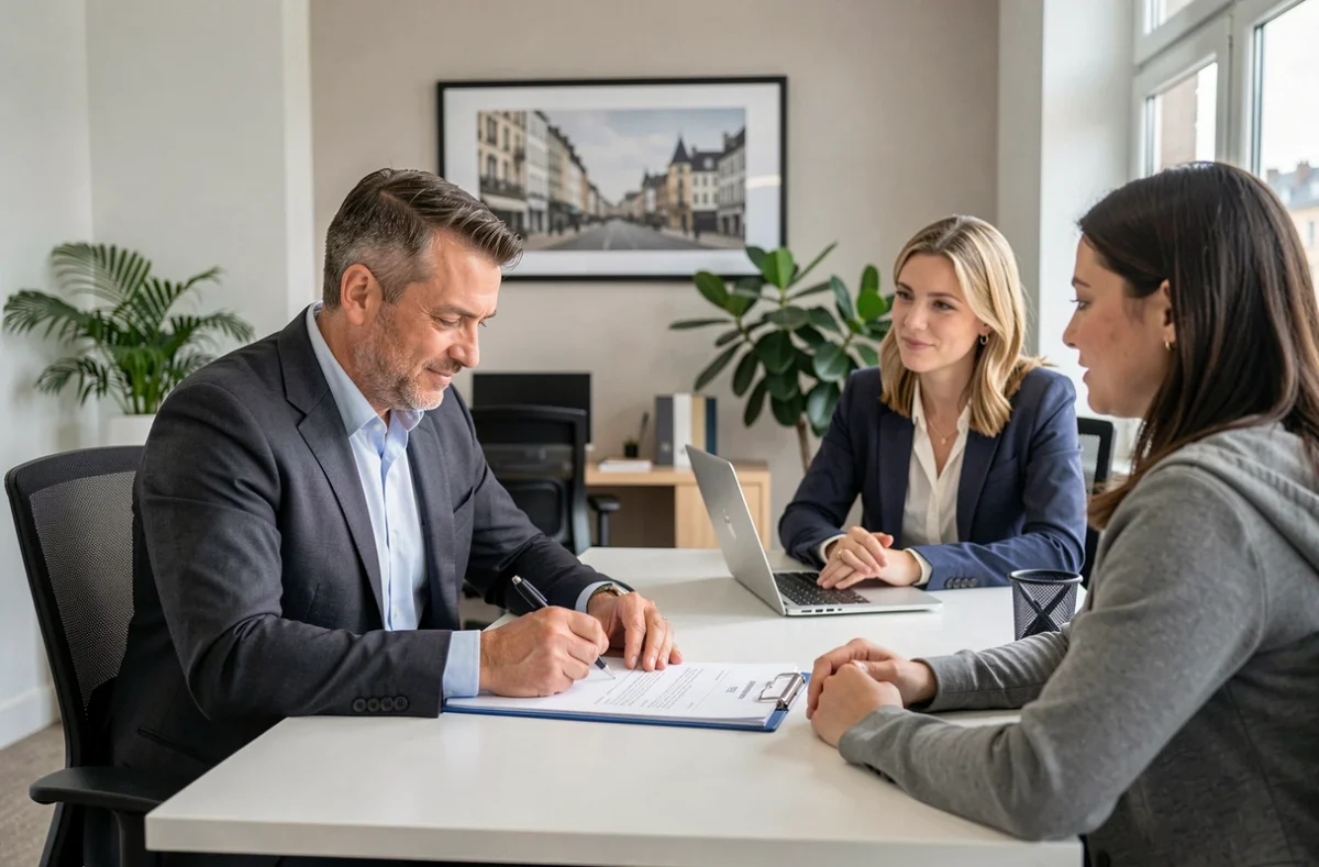 Courtier Ace Crédit La Rochelle Lagord annotant un dossier de financement immobilier avec des clients