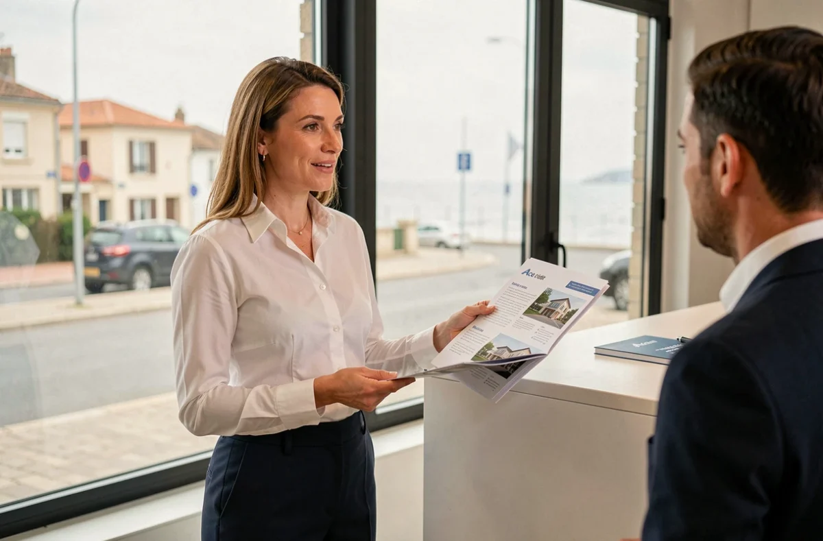 Conseillère Ace Crédit Royan présentant une brochure de crédit immobilier à un client