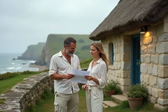 Couple examinant des documents immobiliers devant une maison normande en pierre au bord de mer