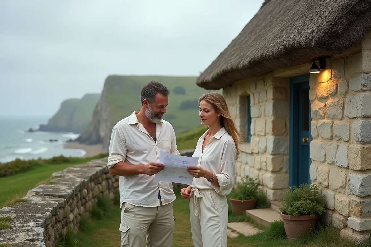 Couple examinant des documents immobiliers devant une maison normande en pierre au bord de mer