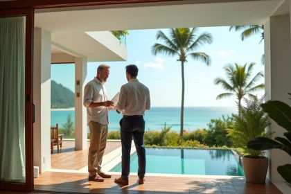 Acheteur occidental et agent immobilier thaïlandais discutant des plans d'une villa en bord de mer en Thaïlande