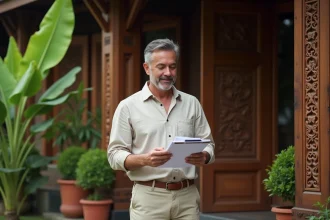 Acheteur étranger inspectant une maison traditionnelle thaïlandaise en teck avant l'achat