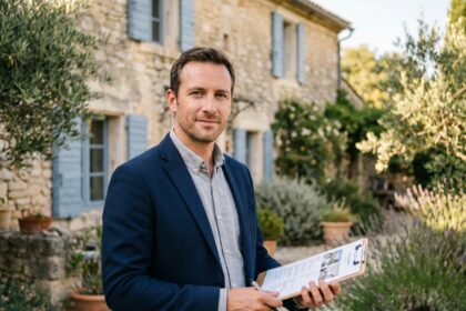 Agent immobilier ARE Immo devant une maison en pierre traditionnelle à Ganges dans l'Hérault