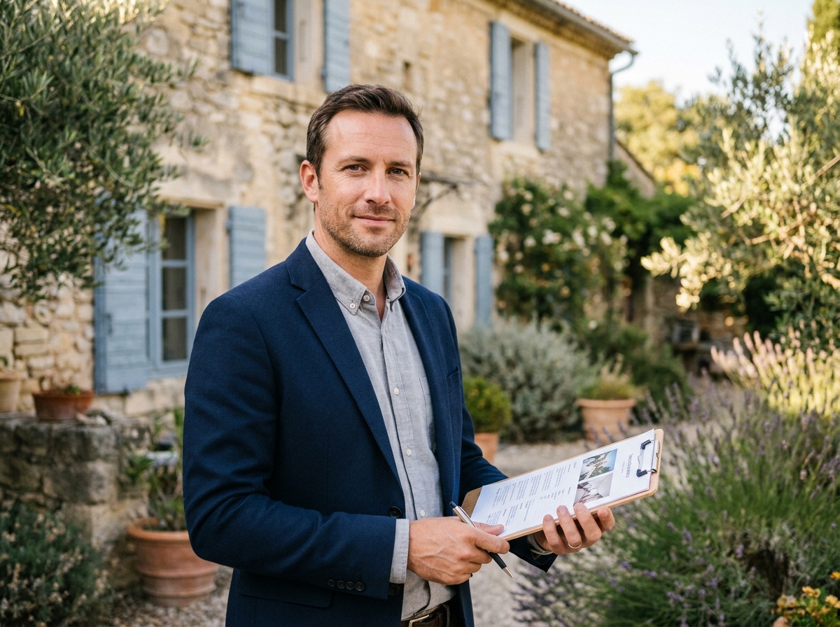 Agent immobilier ARE Immo devant une maison en pierre traditionnelle à Ganges dans l'Hérault