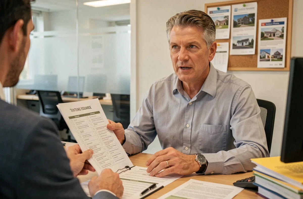 Agent immobilier expliquant les exigences d'assurance logement à un locataire dans son bureau