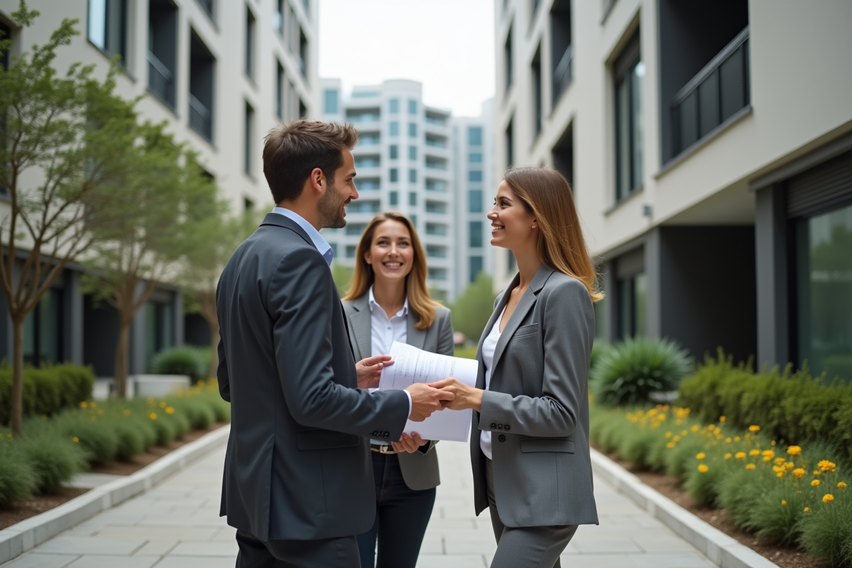 Agent immobilier présentant plans à un jeune couple devant bâtiment