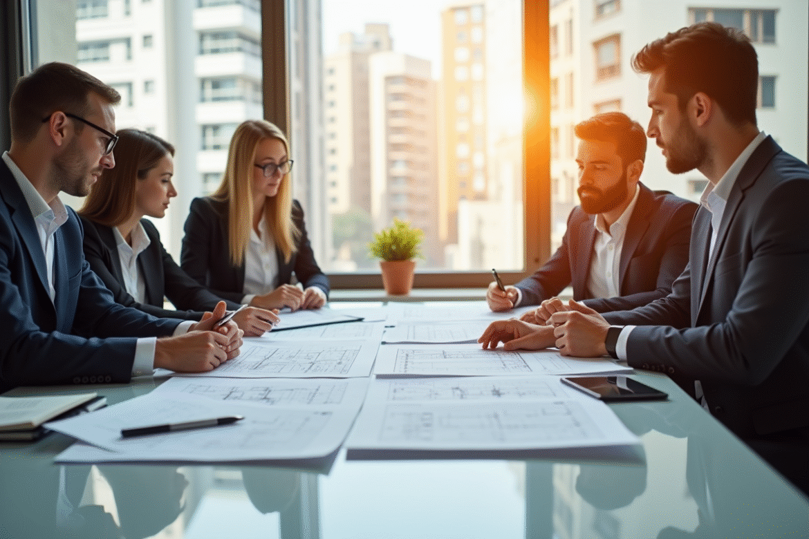 Agent immobilier moderne dans un bureau lumineux avec plans