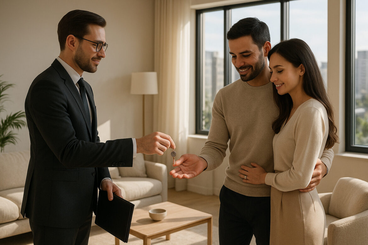 Agent immobilier remettant des clés dans un salon lumineux
