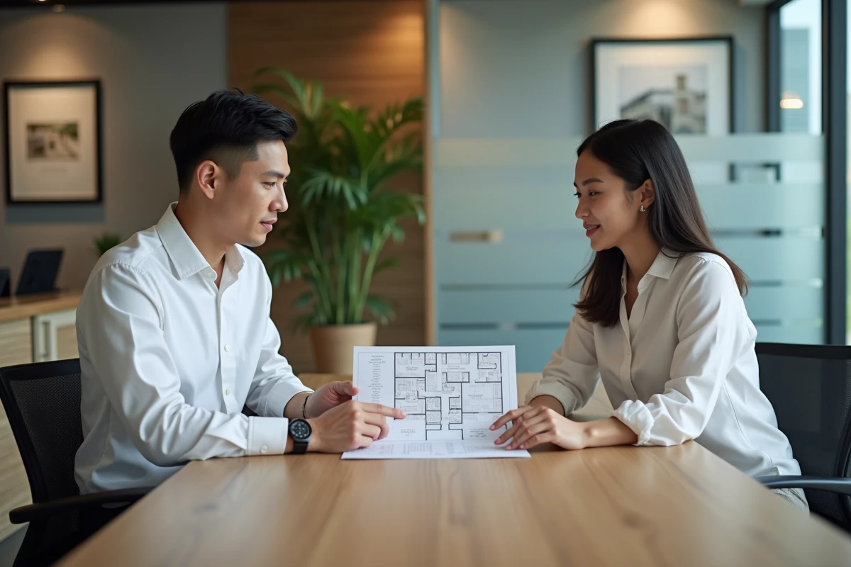 Agent immobilier expliquant les détails d'un plan de condo à Bangkok à des acheteurs potentiels