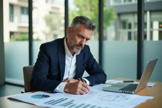 Agent immobilier en costume révisant une estimation immobilière incorrecte avec des documents et graphiques sur son bureau