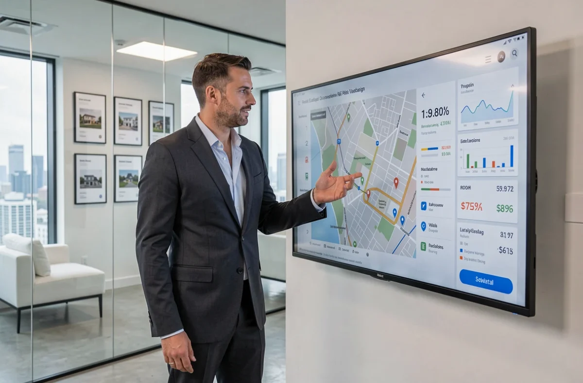 Agent immobilier présentant une estimation de bien en ligne sur un écran interactif dans une agence immobilière moderne
