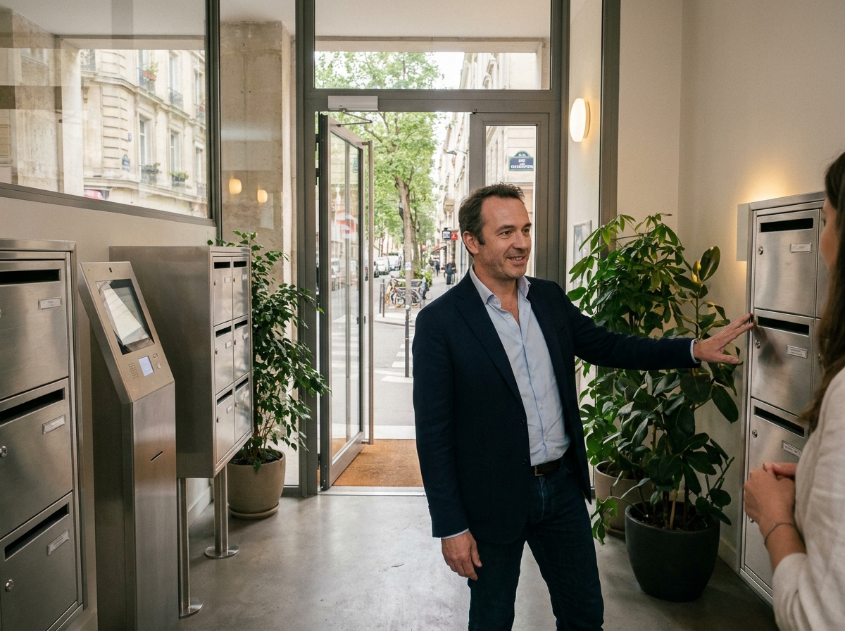 Agent immobilier présentant le hall d'entrée d'un immeuble neuf à un locataire potentiel dans le 12e arrondissement de Paris