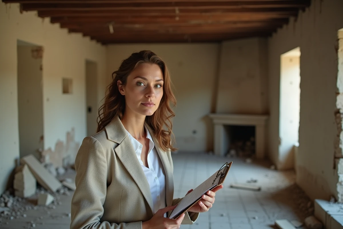 Agent immobilière évaluant l'intérieur délabré d'une maison abandonnée à rénover en Provence