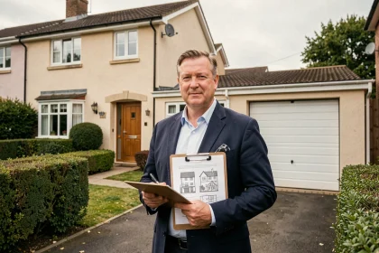 Agent immobilier devant une maison mitoyenne par garage en zone pavillonnaire, tenant des documents d'estimation