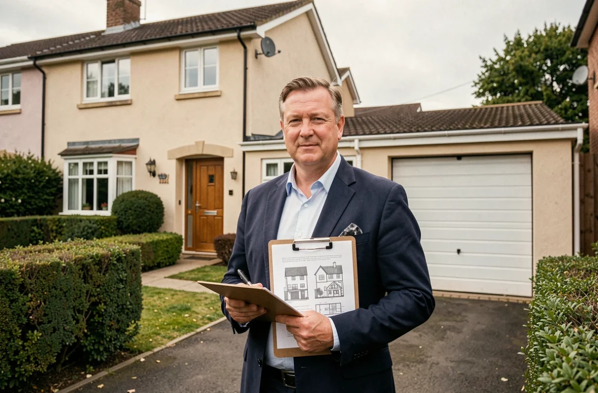 Agent immobilier devant une maison mitoyenne par garage en zone pavillonnaire, tenant des documents d'estimation