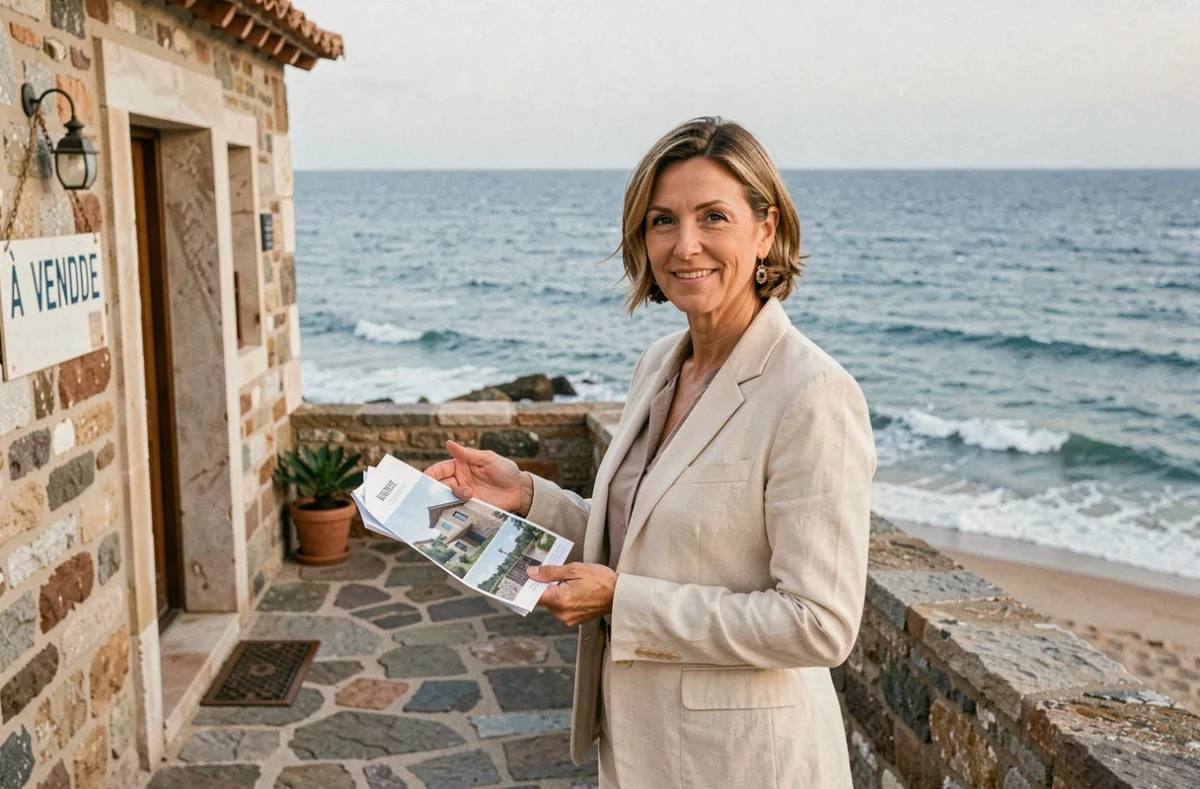 Agent immobilier présentant une maison de pêcheur méditerranéenne à vendre avec accès direct à la plage