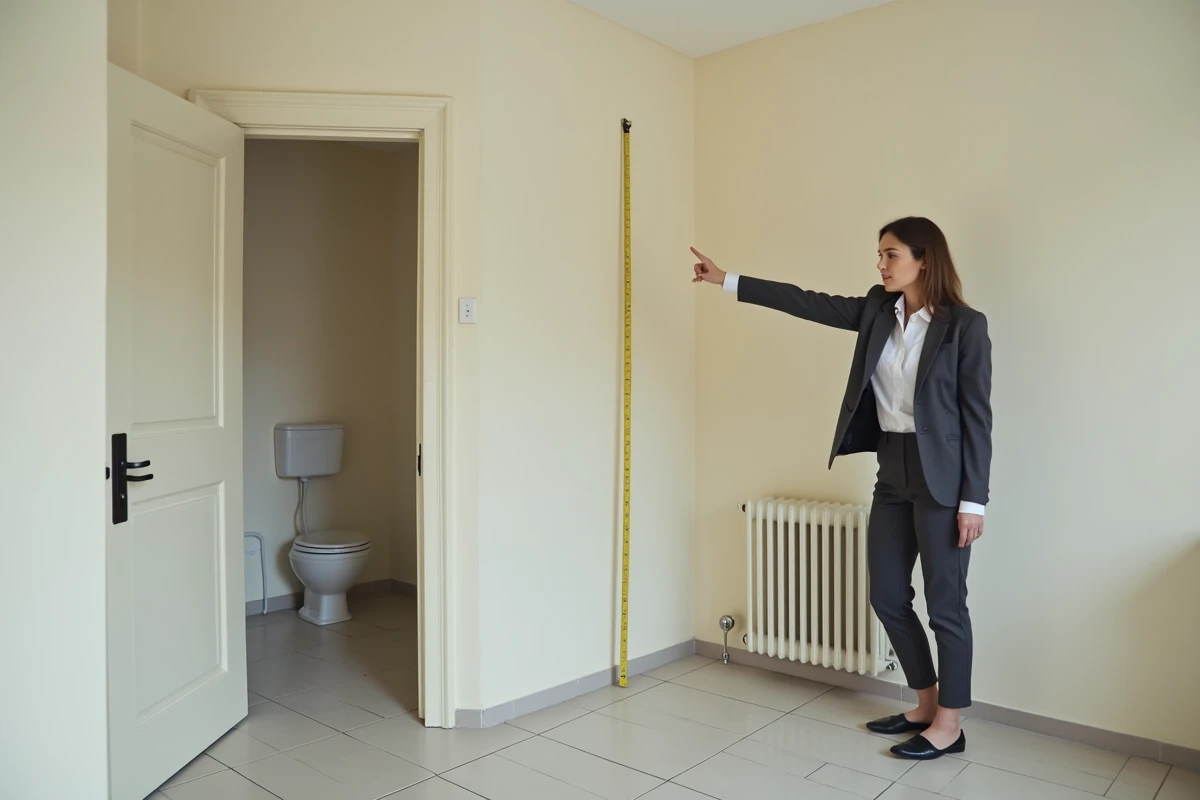 Agent immobilière mesurant la superficie d'un studio vide lors d'une visite pour estimer le loyer au mètre carré