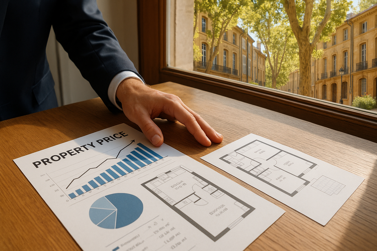 Agent immobilier présentant plans et graphiques sur une table