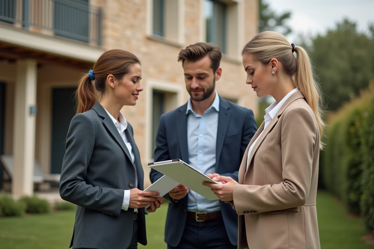 Agent immobilier montrant un bien à un couple devant une maison provençale