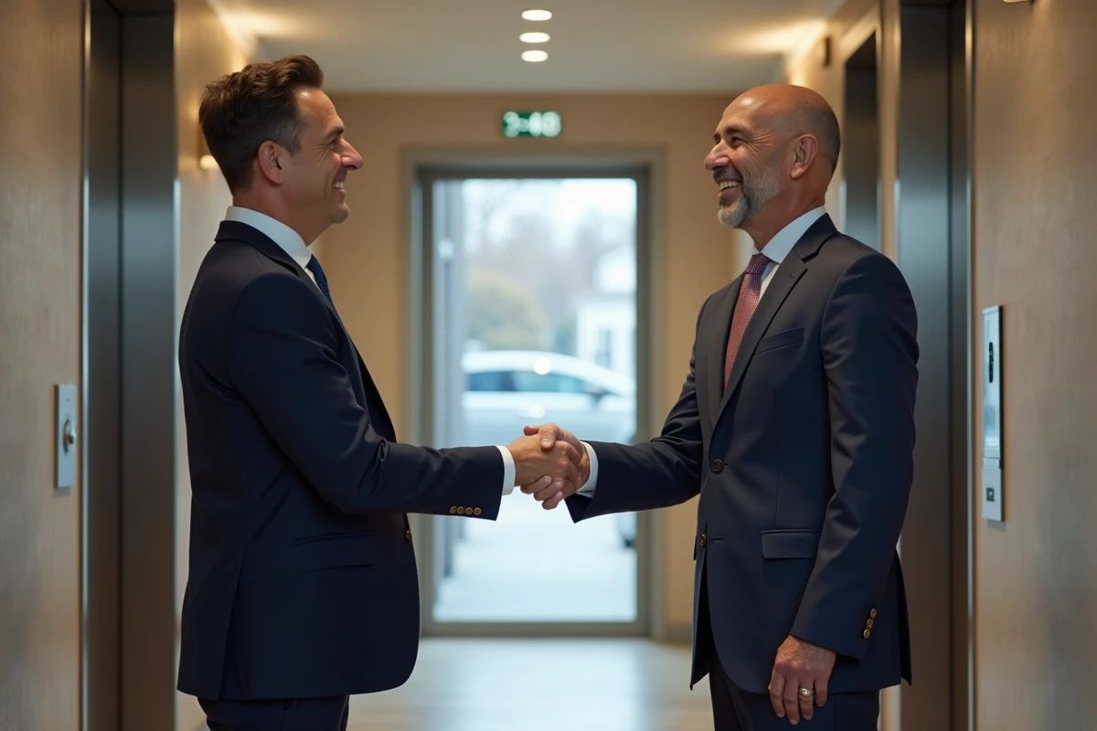 Agent immobilier remettant les clés à un client dans un hall