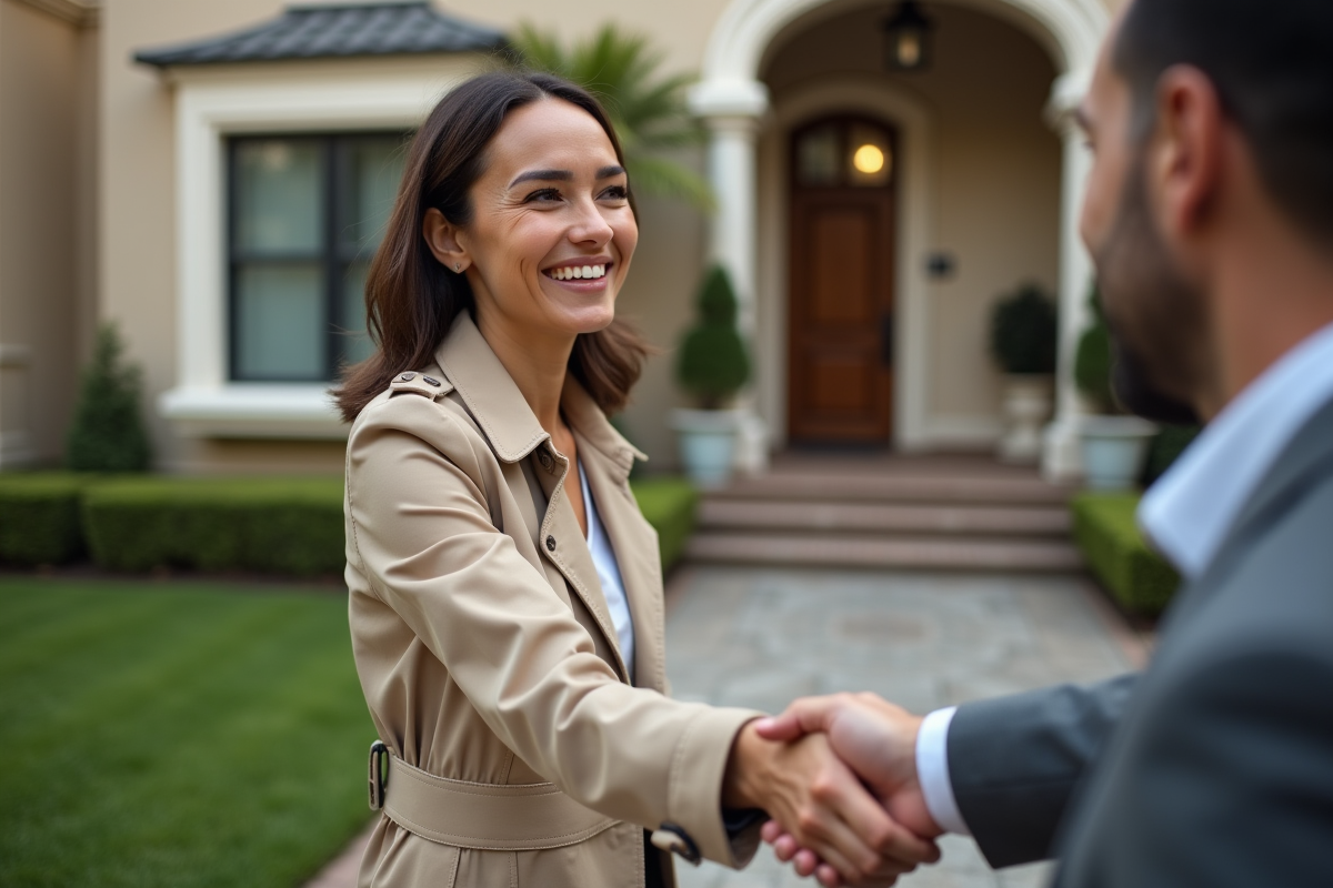Femme agent immobilier souriante devant une maison élégante