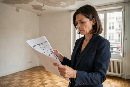 Agent immobilière vérifiant les mesures d'un plan de surface privative dans un appartement vide