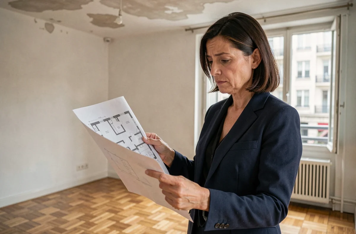 Agent immobilière vérifiant les mesures d'un plan de surface privative dans un appartement vide