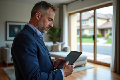 Agent immobilier homme regardant un rapport sur tablette