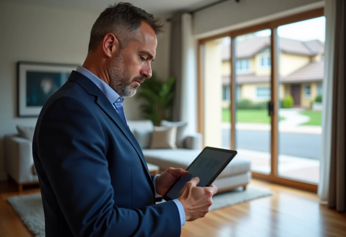 Agent immobilier homme regardant un rapport sur tablette