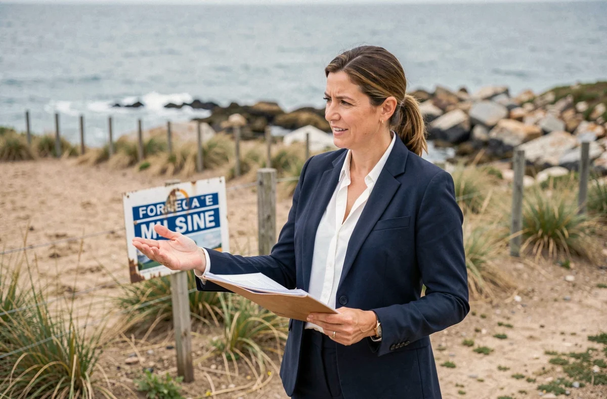 Agent immobilier présentant un terrain à vendre en bord de mer avec panneau de vente et vue sur la côte rocheuse