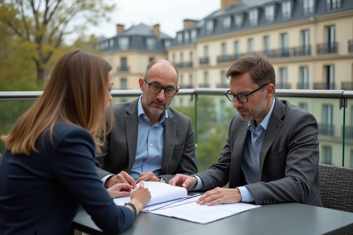 Agent immobilier avec couple sur terrasse parisienne