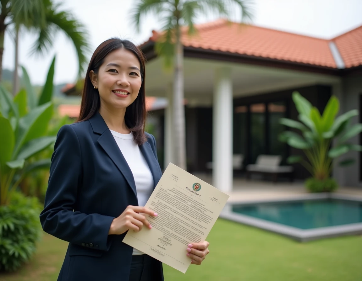 Agent immobilière thaïlandaise présentant un titre de propriété Chanote devant une villa à Chiang Mai
