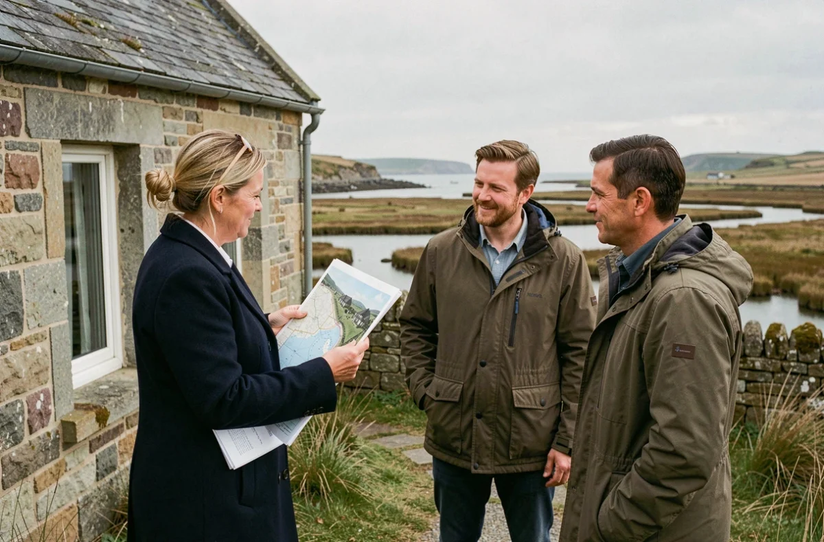 Agent immobilier présentant une carte de zone inondable à des acheteurs devant une longère bretonne proche de l'estuaire