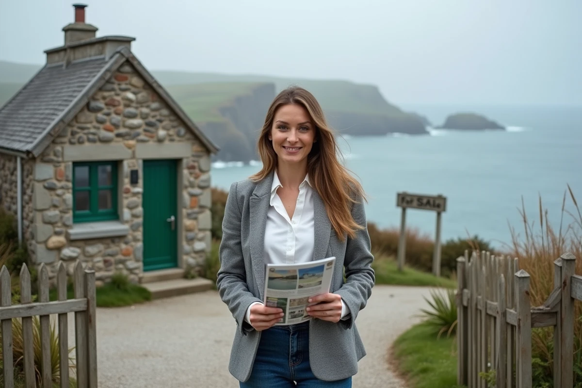 Agente immobilière devant une maison en pierre vue mer en Bretagne avec façade en granit et vue sur l'Atlantique
