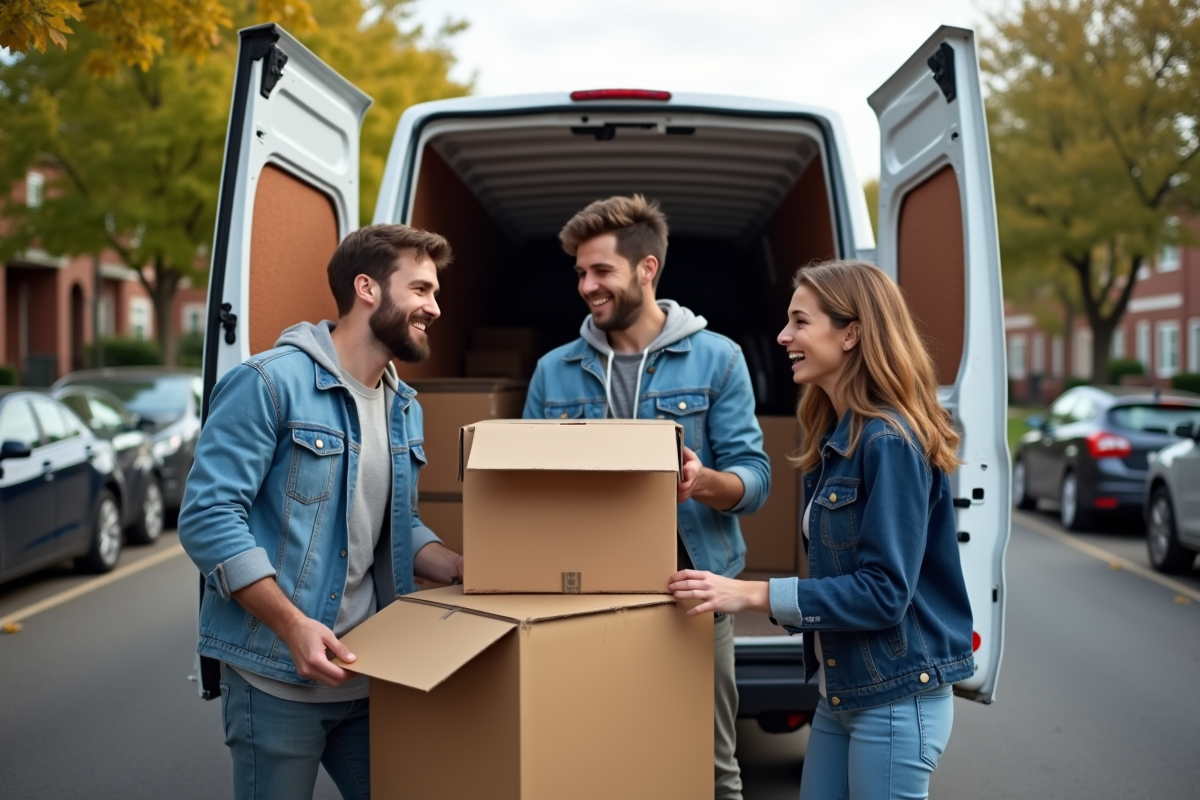 Trois amis chargent un van dans un quartier résidentiel
