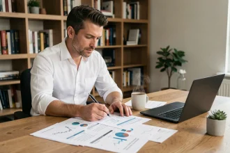 Investisseur analysant des tableaux de rentabilité et de cashflow à son bureau à domicile, illustrant la méthode IDR en immobilier