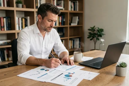 Investisseur analysant des tableaux de rentabilité et de cashflow à son bureau à domicile, illustrant la méthode IDR en immobilier
