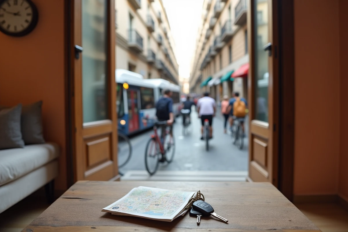Intérieur d'appartement à Barcelone avec vue sur arrêt de bus et carte des transports en commun sur table en bois