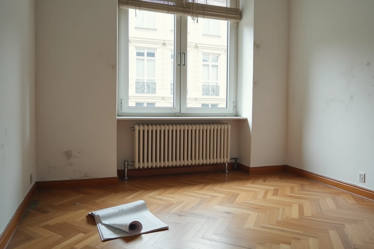 Appartement locatif vide avec traces de dégâts des eaux révélant les risques couverts par l'assurance PNO