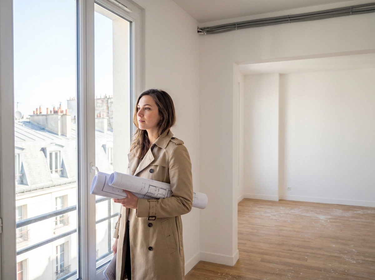 Femme consultant des plans dans un appartement neuf livré récemment dans le 12e arrondissement, parquet clair et fenêtres donnant sur les toits parisiens