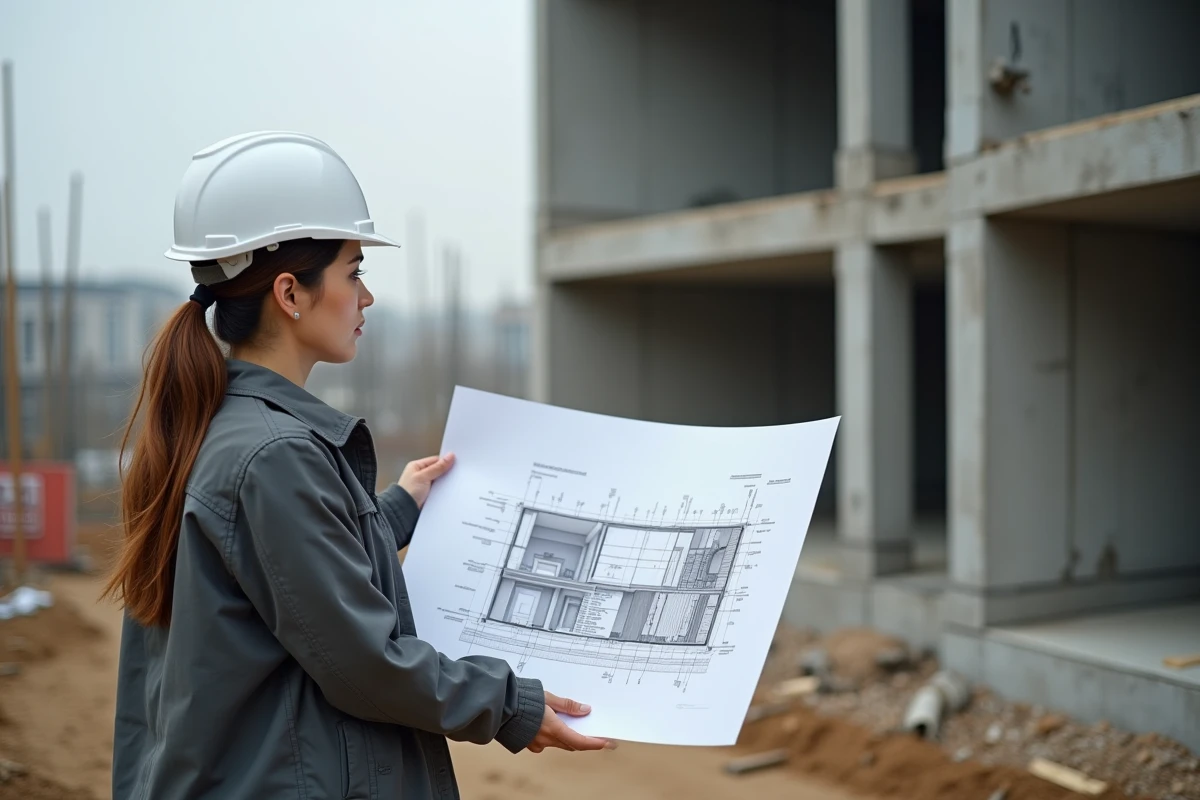 Architecte sur chantier de construction comparant un plan en coupe aux normes d'urbanisme avec la structure en béton
