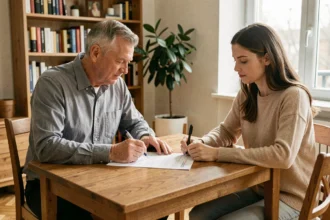 Bailleur et locataire examinant un contrat d'assurance logement à une table dans un appartement