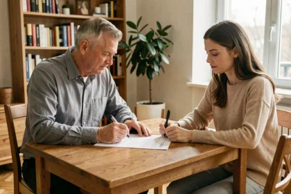 Bailleur et locataire examinant un contrat d'assurance logement à une table dans un appartement