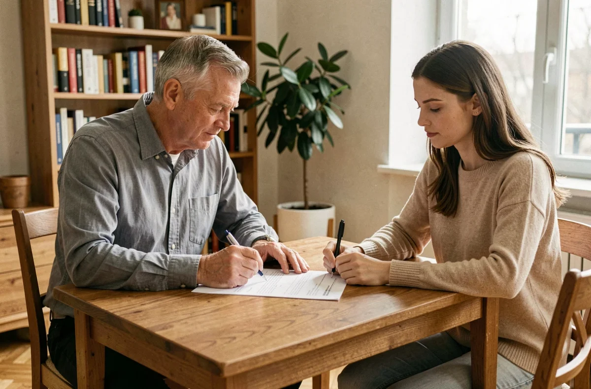 Bailleur et locataire examinant un contrat d'assurance logement à une table dans un appartement