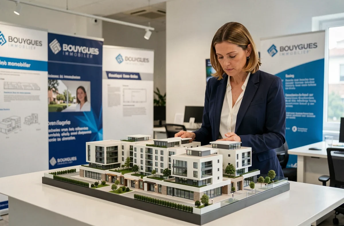 Conseillère Bouygues Immobilier présentant un modèle architectural de programme immobilier neuf