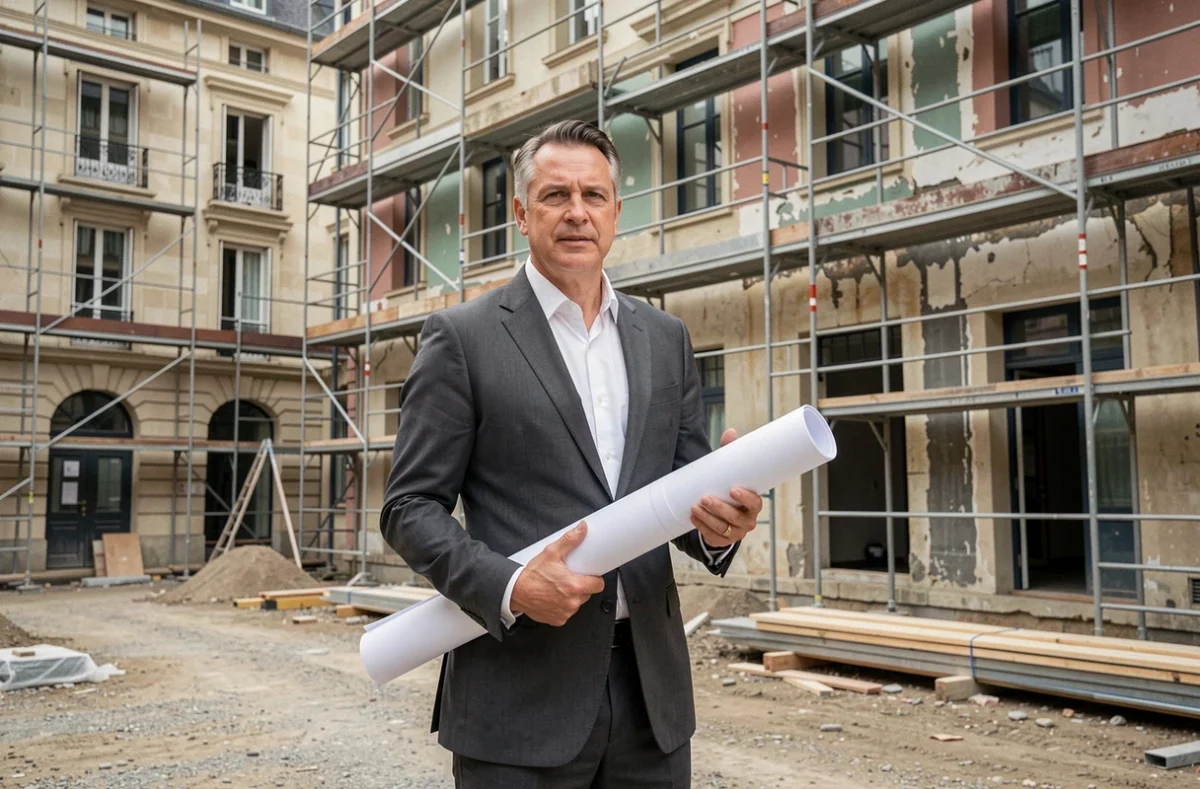 Expert Cadev Development tenant des plans architecturaux sur un chantier de rénovation à Lyon
