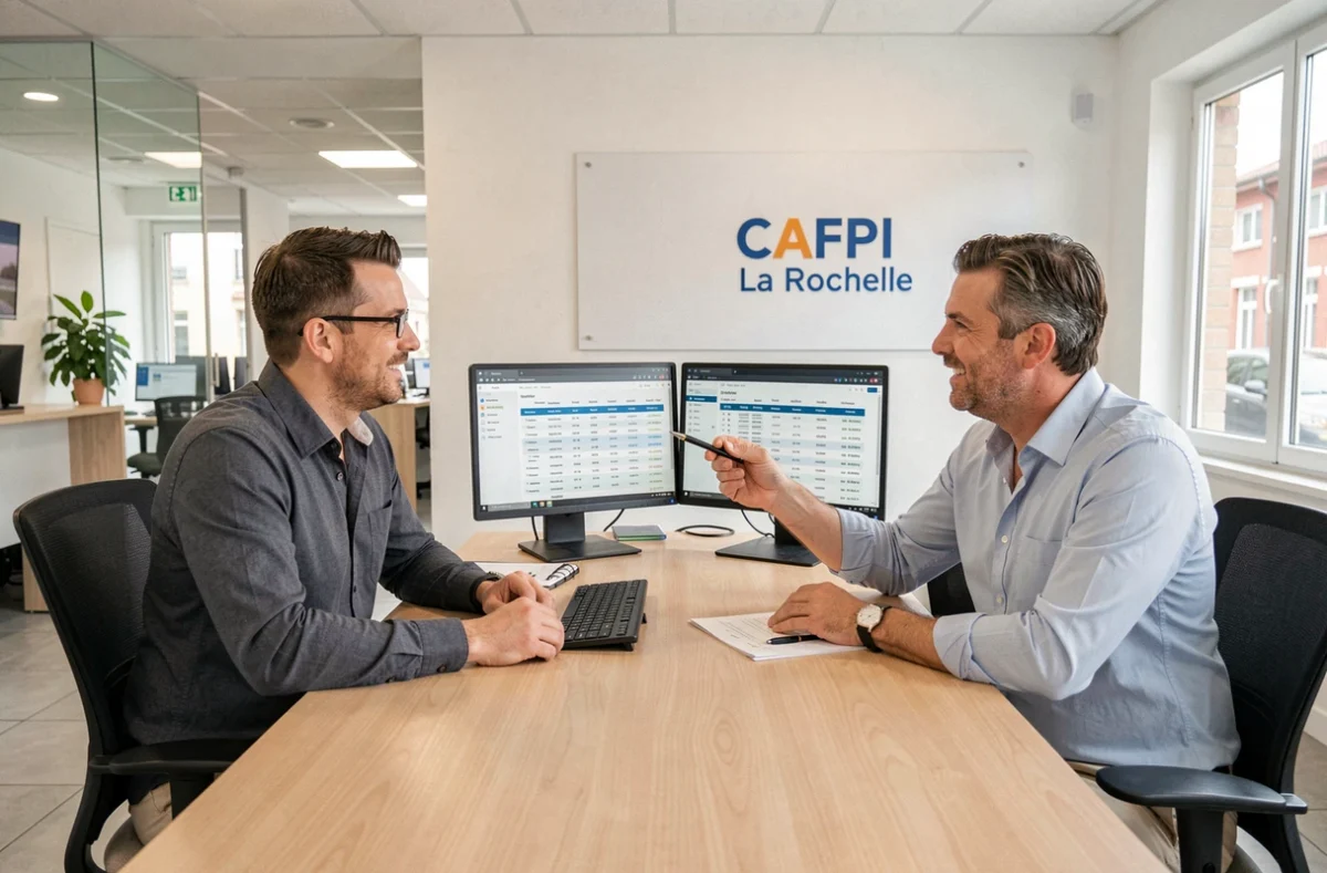 Conseillers CAFPI La Rochelle analysant des taux de prêt immobilier sur ordinateur