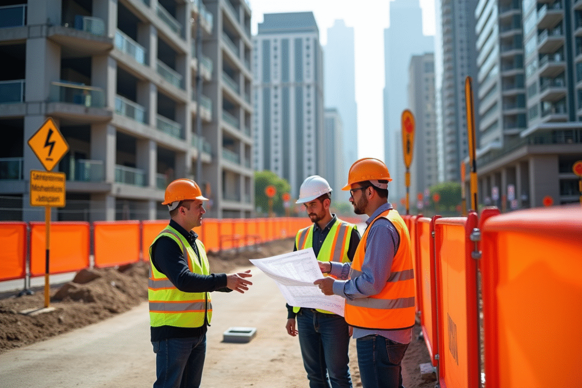 Chantier avec clôture orange et équipe de travailleurs