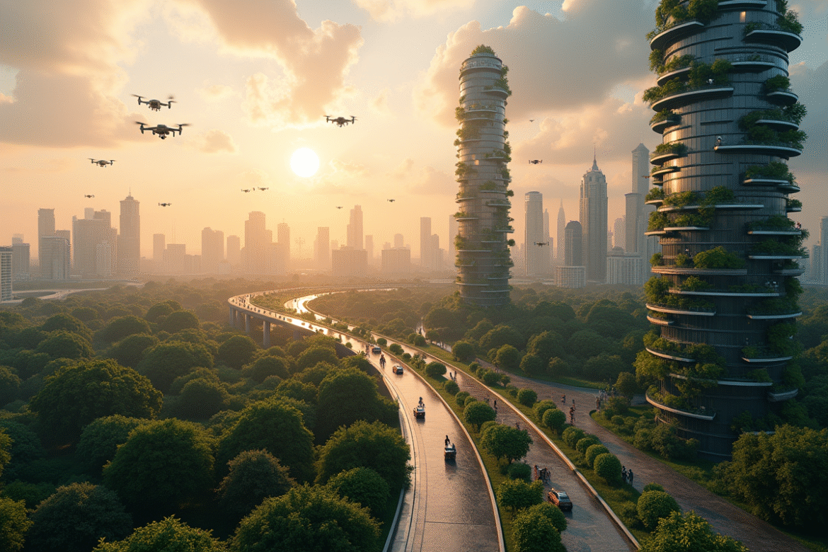 Ciel de ville futuriste au lever du soleil avec gratte-ciel verts et drones