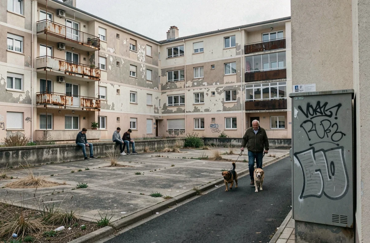 Cité résidentielle en périphérie de Nîmes avec immeubles HLM et espace public dégradé